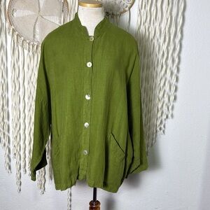 bryn Walker Green Linen Oversized Button Front Drop Sleeve Jacket Size Large